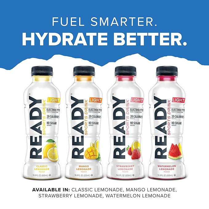 Ready® Sports Drink Light – The Ultimate Low-Calorie Hydration Drink with 4 Different Electrolytes – No Added Sugars – Naturally Sweetened &amp Flavored – Mango Lemonade16.9 oz (12-Pack)
