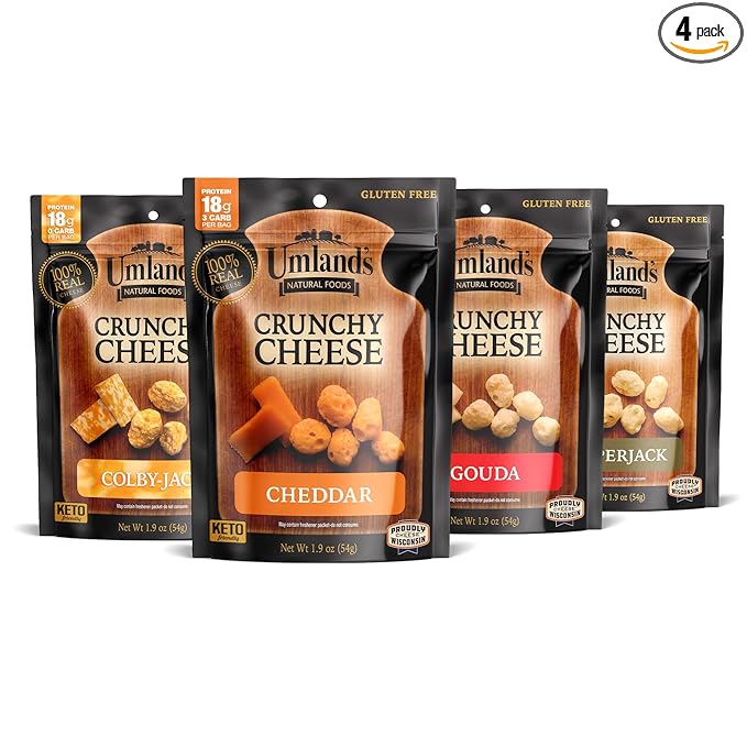 Umland’s Crunchy Cheese – Variety Pack (4 × 1.9 oz Bags) | Cheddar Colby Jack Pepper Jack Gouda | Real Cheese Keto Low-Carb High-Protein Gluten-Free Snack