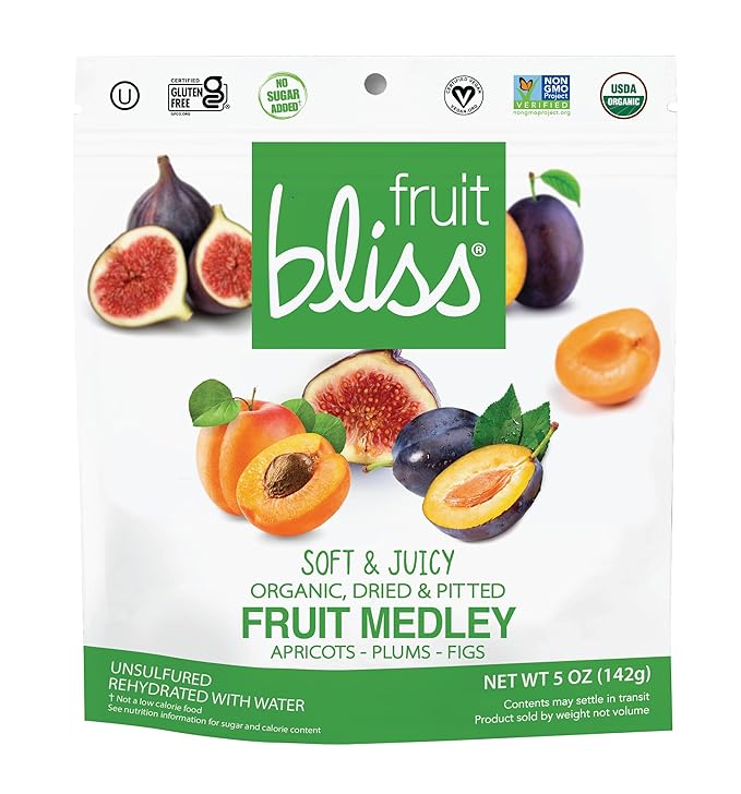 Fruit Bliss Dried Fruit Mix – Fruit Medley of Organic Dried &amp Pitted Apricots Plums &amp Figs - Organic Fruit Snacks Dried Fruit Snacks Resealable Pouches Gluten-Free Vegan Snacks (6 Pack 5