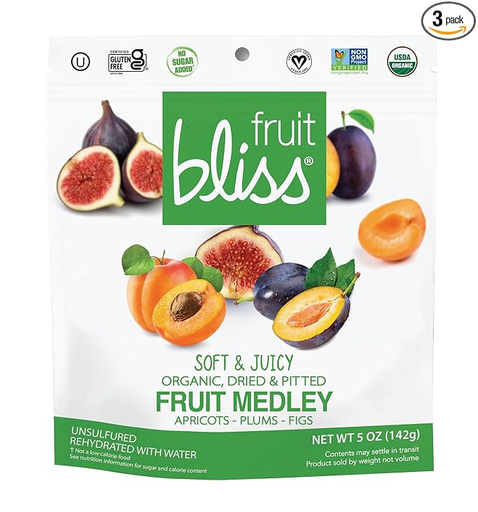 Fruit Bliss Dried Fruit Mix – Fruit Medley of Organic Dried &amp Pitted Apricots Plums &amp Figs - Organic Fruit Snacks Dried Fruit Snacks Resealable Pouches Gluten-Free Vegan Snacks (3 Pack 5o