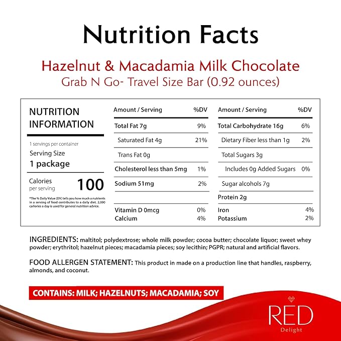 Red Delight Hazelnut and Macadamia Milk Chocolate Snack Bars - Pack of 24 Diamond-Shaped Milk Chocolates (22.08oz) with Rich Cocoa Flavor - European-Style Chocolates - No Added Sugar and Kosher