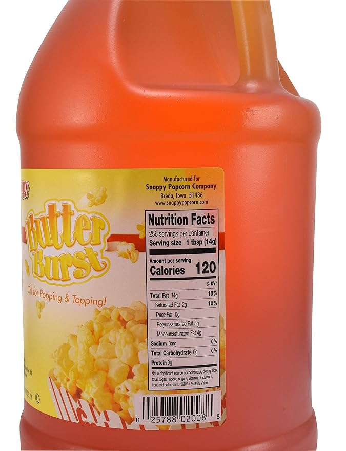 Snappy Butter Burst Popcorn Oil Movie Theater Butter Oil for Machines and Stovetops Naturally Colored with Beta Carotene 1 Gallon
