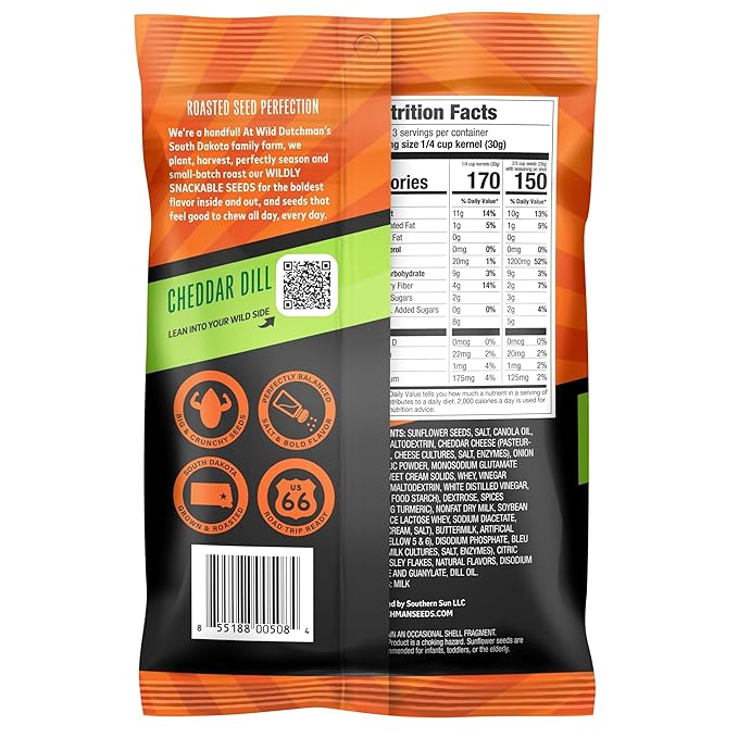 Wild Dutchman Roasted Sunflower Seeds in a Resealable Bag for Ultimate Freshness and an Easy Pour Original 6.5 oz &amp Cheddar Dill 5.5 oz (Pack of 6)