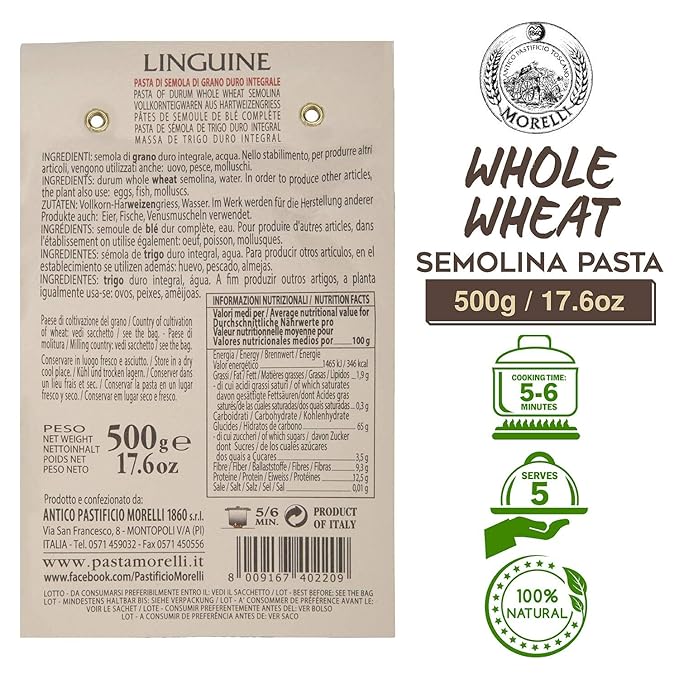 Morelli Pasta Whole Wheat Linguine Pasta - Imported Pasta from Italy - 500g