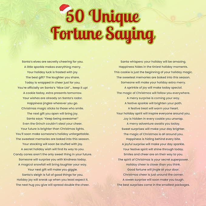 4E's Novelty Christmas Fortune Cookies Bulk 50 Individually Wrapped Funny Fortune Cookies with Holiday Sayings for Kids &amp Adults Perfect Christmas Candy Snacks Party Favors &amp Treats