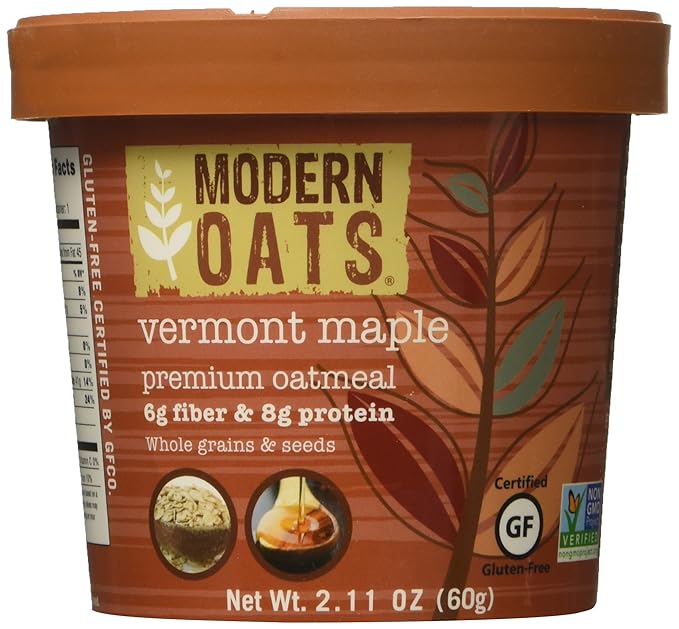 Modern Oats Vermont Maple Instant Gluten-Free Oatmeal Cups with Protein Vegan Non-GMO Fiber Whole Grain Oats with Real Vermont Maple Sugar &amp Seeds Lid included 2.6oz (Pack of 12)