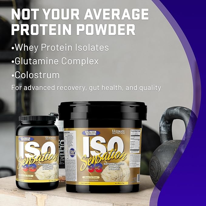 Ultimate Nutrition Whey Protein Isolate Powder with Glutamine Complex ISO Sensation 93 - Whey Protein Powder with Added Colostrum for Enhanced Recovery Immunity &amp Gut Health - Banana 2lbs