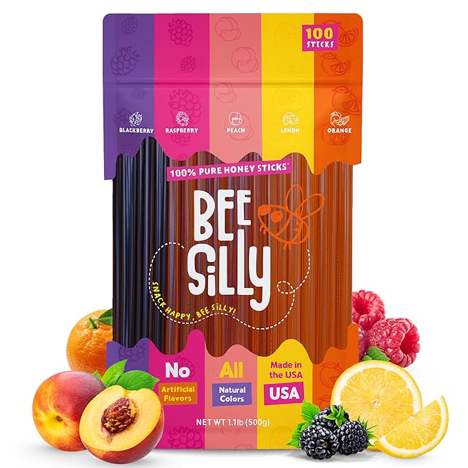 Bee Silly Flavored Honey Sticks - USDA Grade Single Serve Straws Only 15 Calories Each - Pure Natural Ingredients No Artificial Colors or Additives - Portable Energy Snack for Kids (100 pack Variet