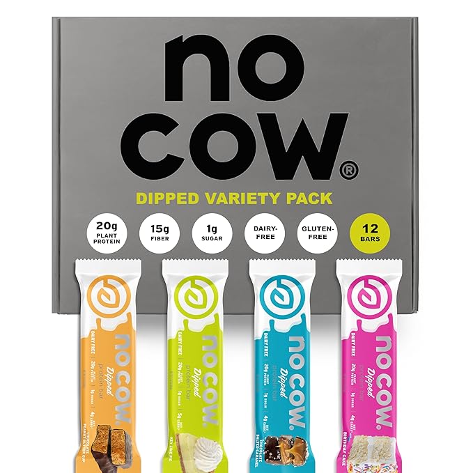 No Cow High Protein Bars Dipped Variety Pack - Healthy Snack 20g Vegan Protein High Fiber Low Sugar Keto Friendly Dairy &amp Gluten Free (12 Count)
