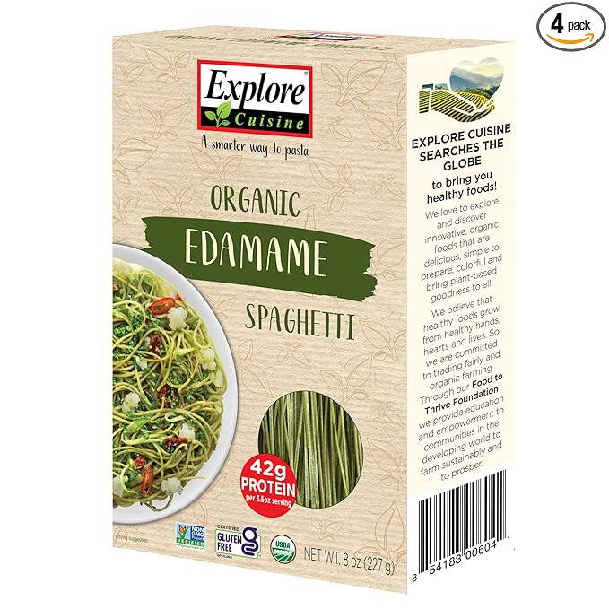 Explore Cuisine Organic Edamame Spaghetti - 8 oz Pack of 4 - Easy-to-Make Pasta - High in Plant-Based Protein - Non-GMO Gluten Free Vegan Kosher - 16 Total Servings