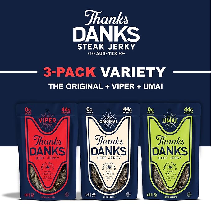 Thanks Danks - Variety Pack (The Original Viper Umai) - Small Batch Grass-Fed Steak Jerky - Sugar Free Gluten Free Nitrate Free No GMO - 57g (3 Flavors)