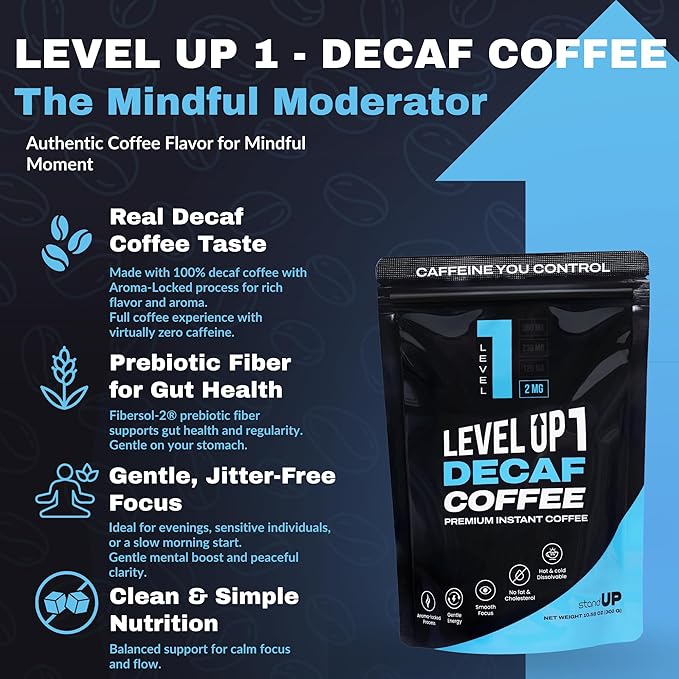 Level Up Premium Decaf Instant Coffee Sugar Free 30 Servings 10.58 oz (L1 - DECAF 2MG)