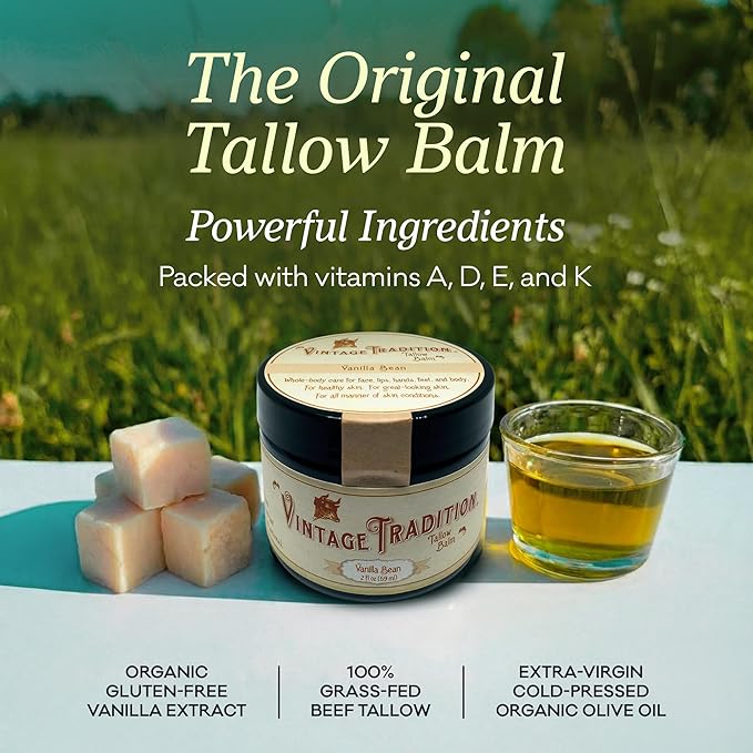 Vintage Tradition Beef Tallow All Purpose Balm - Healing Hydrating Mild Vanilla Skin Care Salve Replaces Body Lotion Hand Cream More - Essential Oil Olive Oil and Grass-Fed Tallow 2 fl. oz.
