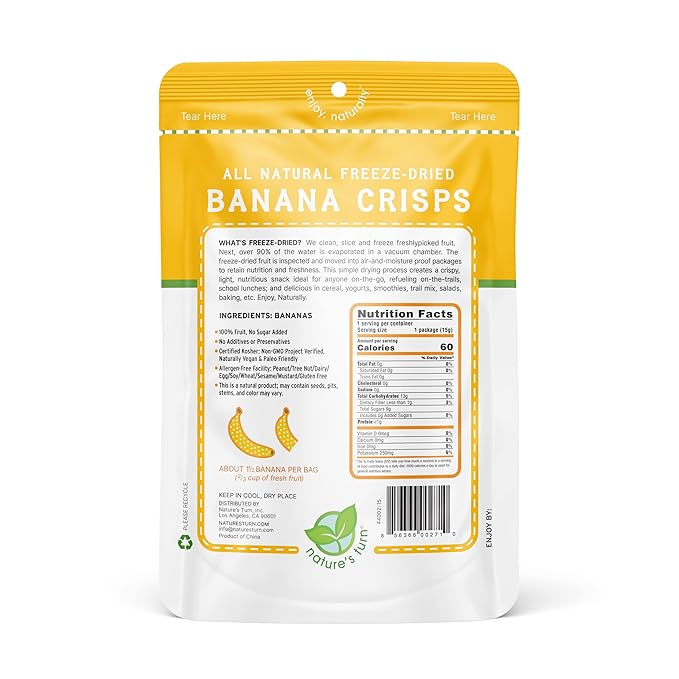 Nature’s Turn Freeze-Dried Banana Crisps – Healthy Gluten-Free Crispy &amp Delicious Plant-Based Snack Ideal for Cereal Smoothies School Lunches &amp On-the-Go Bags of 12 (0.53 oz Each)
