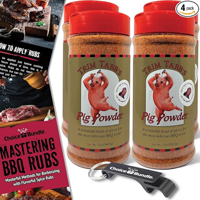 Trim Tabb’s Pig Powder Premium BBQ Barbecue Rub &amp Seasoning 4 Pk (48 oz) + Guide &amp Keychain Bottle Opener (6 Items)!