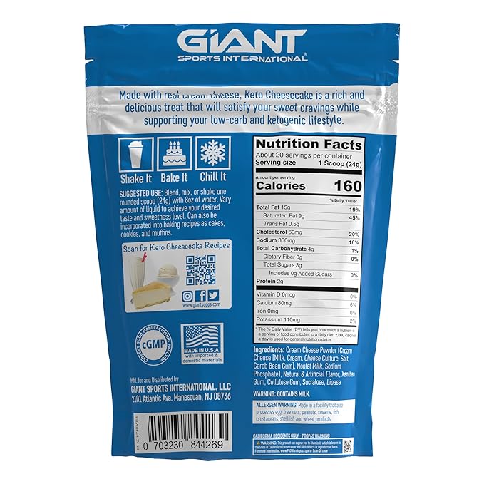 Giant Sports Keto Cheesecake Shake Mix - Delicious Low Carb Ketogenic Diet Gluten Free Powder Mix - Meal Replacement - Works Great with Almond Milk - New York Style (20 Serving Bag)