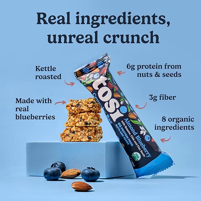 Tosi Nut Bars Almond Blueberry Healthy Snacks for Adults &amp Kids Plant Based Crunchy Bars (6G Protein) Organic Keto Snacks Vegan Gluten &amp Soy Free Low Sugar Omega 3s 1oz 12-Pack
