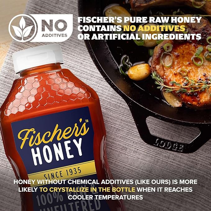 Fischer's 100% Pure Raw &amp Unfiltered Honey 24 oz – All-Natural Sweetener – Rich Flavor Profile Packed with Nutrients