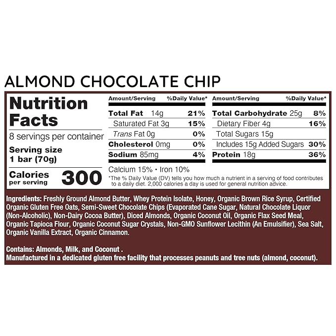 G2G Protein Bar Almond Chocolate Chip Real Food Ingredients Refrigerated for Freshness Healthy Snack Delicious Meal Replacement Gluten-Free 16 Count (2 Packs of 8)