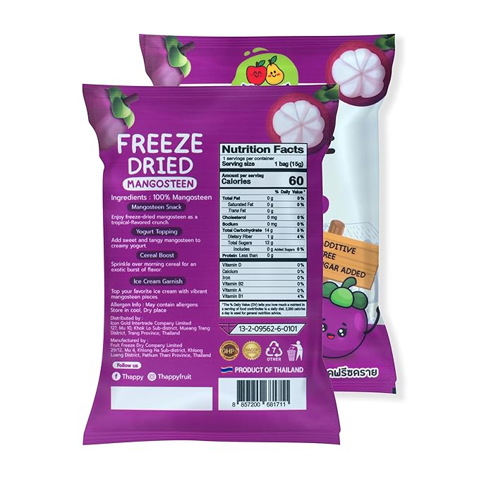Thappy Fruit Freeze-Dried Mangosteen - No Additives Oil-Free No Sugar Added 100% Pure Mangosteen 0.53oz (Pack of 3)
