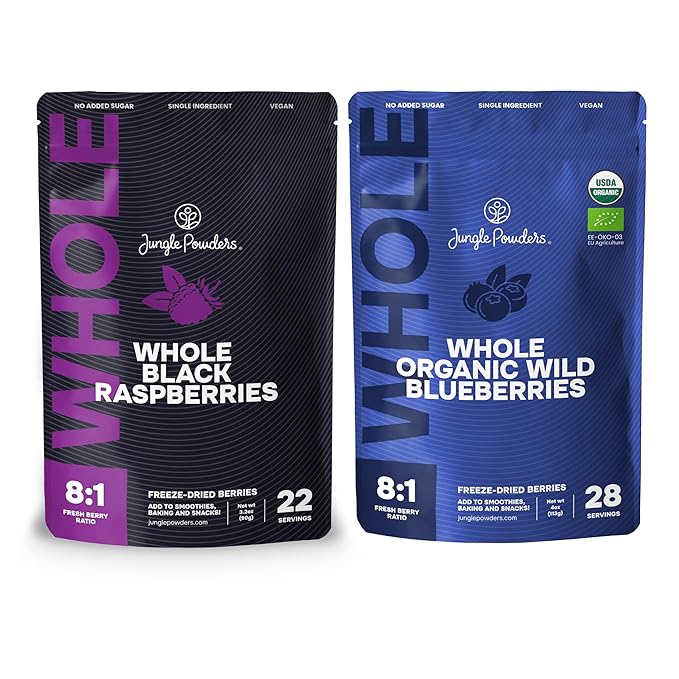 Jungle Powders Freeze Dried Whole Black Raspberries 3.2oz &amp Organic Wild Blueberries 4oz – No Sugar Added Dehydrated Berries for Baking Smoothies Snacks &amp Toppings