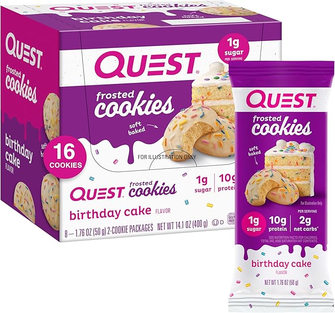 Quest Nutrition Crispy Chocolate Peanut Butter Hero Protein Bar 18g Protein 12 Count and Frosted Cookies Twin Pack Birthday Cake 1g Sugar 16 Cookies