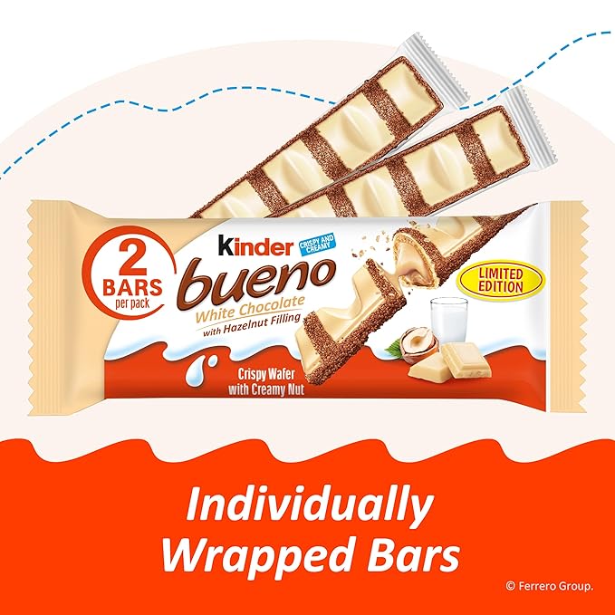 Kinder Bueno White Chocolate Bars with Hazelnut Filling 30 Packs of 2 Bulk Chocolate Candy Bars for Game Day Football Party Supplies Snacks for Adults 1.4 oz Per Pack