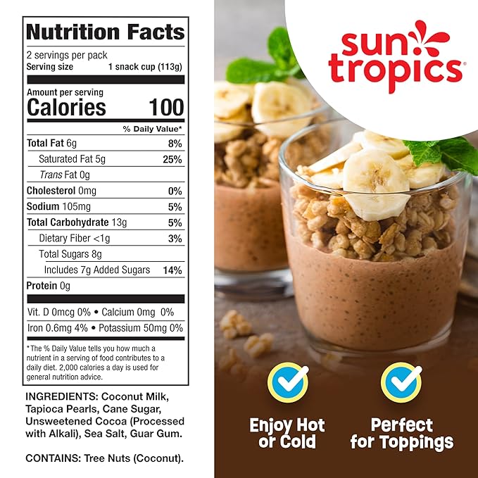 Sun Tropics Tapioca Pudding Chocolate | Vegan Puddings Dairy Free Puddings | Gluten Free Non-GMO | Ready-to-Eat Pudding Cups 4.0oz (Pack of 6)