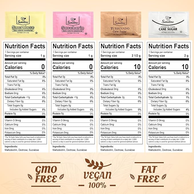 Sweetmo Sugar Packets Variety Pack - Sucralose Raw Sugar Saccharin Cane Sugar with Wooden Stirrers - 300 Count for Coffee Tea Office Breakrooms Home &amp Airbnb