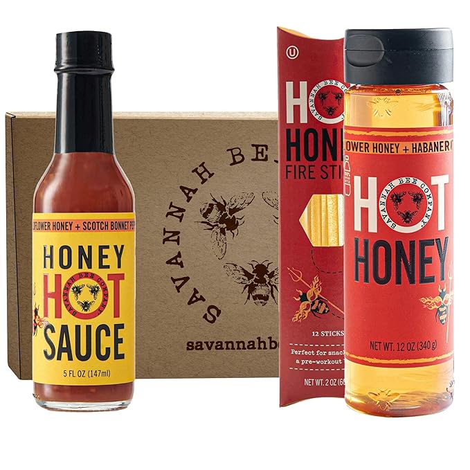 Savannah Bee Company Hot Honey Box Gift Set - Award-Winning Honey Collection - Includes Hot Honey Sauce and Fire Sticks - Perfect Gourmet Gift for Spice Lovers