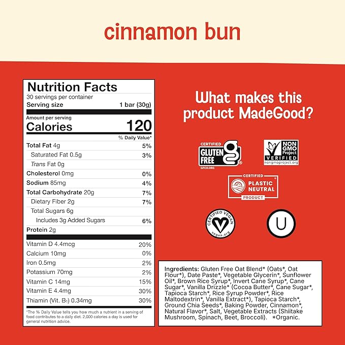 MadeGood Mornings Soft Baked Breakfast Bars Cinnamon Bun 1.06 Oz (30 Count) Gluten Free Snacks