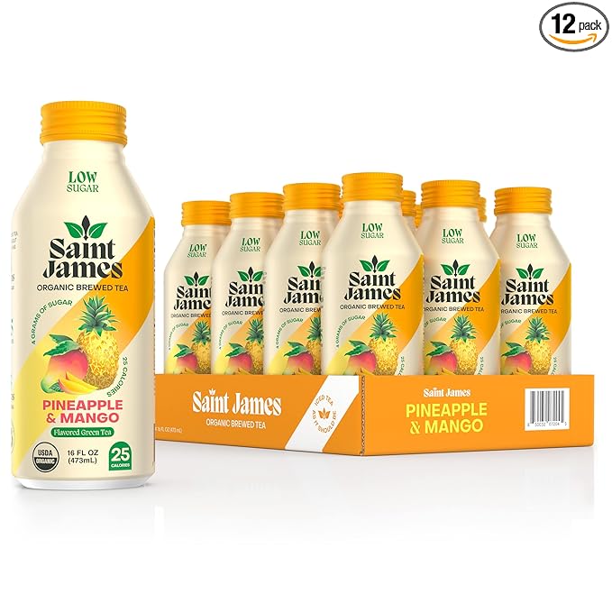 Saint James Iced Tea - Organic Green Tea - Non GMO Gluten Free Low Calorie &amp Low Sugar - Pineapple &amp Mango 12 Pack (16 fl oz each)