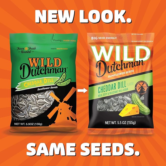 Wild Dutchman Roasted Sunflower Seeds in a Resealable Bag for Ultimate Freshness and an Easy Pour Original 6.5 oz &amp Cheddar Dill 5.5 oz (Pack of 6)
