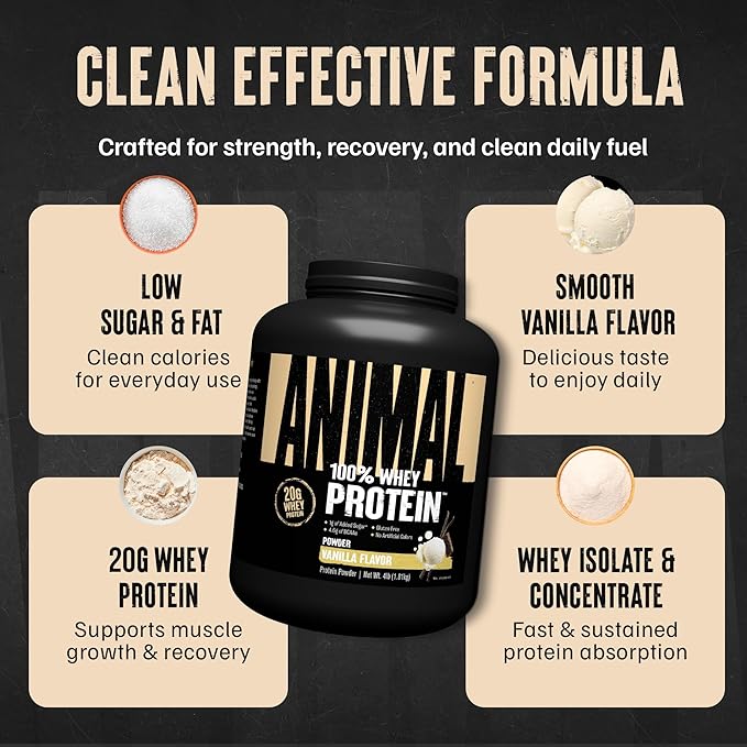 Animal 100% Whey Protein Powder – Whey Blend for Pre Workout or Post Workout Recovery or an Anytime Low Sugar Protein Boost Meal Replacement with BCAA Branched Chain Amino Acids – Vanilla 4 lb