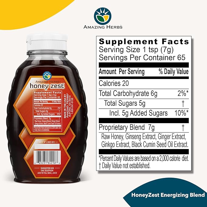 Amazing Herbs Raw Natural Honey - Herbal Honey Infused with Ginseng Ginger Ginkgo Extracts &amp Pure Black Seed Oil Non GMO Gluten Free Immune Booster - Honeyzest Energizing Blend 16 Fl Oz