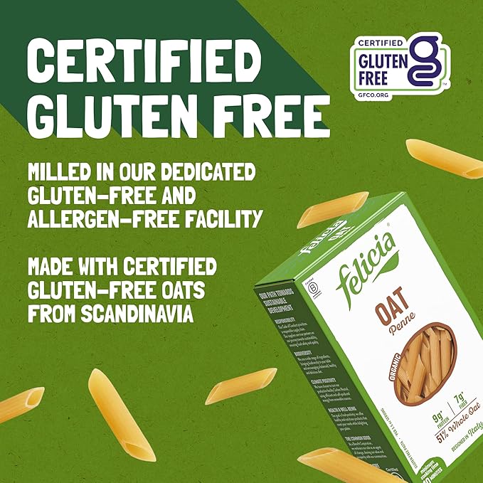 Felicia Gluten Free Pasta Oat Penne Organic Whole Grain Noodles Made With 51% Whole Oat and Brown Rice Natural Fiber Ingredients Designed in Italy Plant Based Non GMO 12 Oz 6 Boxes