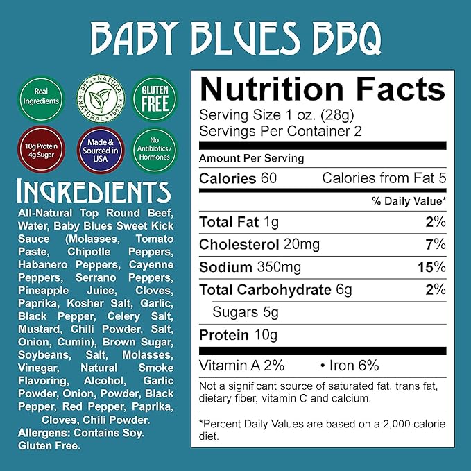 Righteous Felon Beef Jerky - Baby Blues BBQ - Gluten-Free Snacks - All-Natural Locally Sourced &amp Dried Beef Jerky - Low-Sugar High-Protein Healthy Snacks - 2 Ounces Each Pack of 3