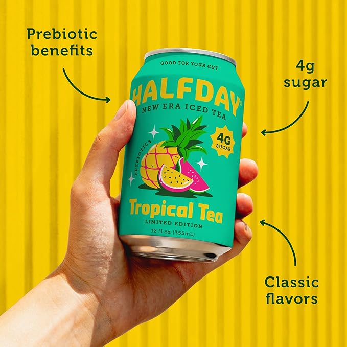 HALFDAY Prebiotic Iced Tea Tropical Tea Supports Digestive &amp Gut Health Plant Fiber &amp Prebiotics Low Sugar 30 Calories Natural Caffeine Gluten Free 12 fl oz (12 pack) Packaging May Var
