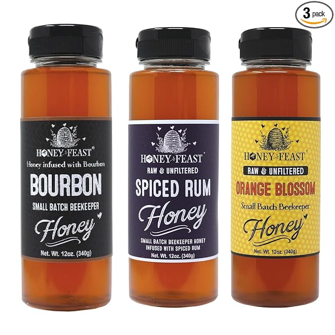 HONEY FEAST Coffee Lovers Honey Trio – Includes 12oz Bourbon Spiced Rum and Orange Blossom Honey – Perfect for Coffee Tea Lattes and Gourmet Gifting