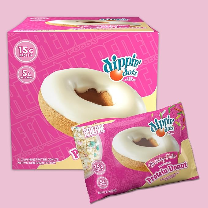 Redefine Foods Dippin' Dots Protein Donut - 8 Count - Birthday Cake Flavor - 15g of Protein Per Serving - No Artificial Ingredients