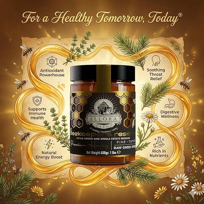 Ellora Farms Greek Honey Single Estate PDO Pine &amp Thyme Raw Honey Unfiltered Beekeepers Reserve Pure Raw &amp Unfiltered Cold-Pressed Gluten Free - 450 g