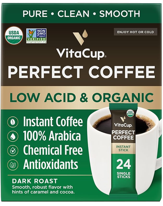 VitaCup Perfect Low Acid Instant Coffee Packets Dark Roast Coffee USDA Organic &amp Fair Trade Third Party Tested for Mycotoxins &amp Pesticides Single Origin Clean &amp Pure 24 ct