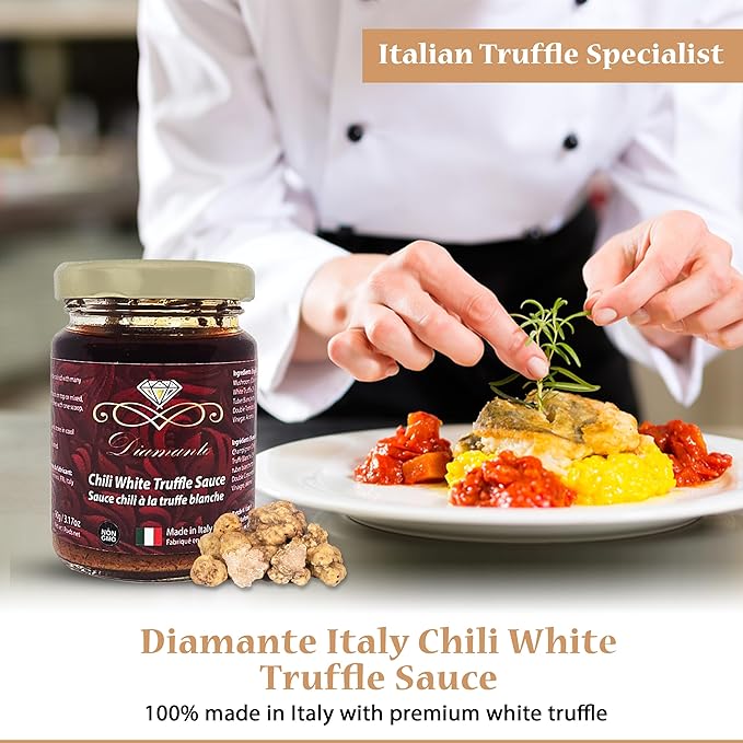 Diamante Italy Chili Truffle Sauce with White Truffles - Hot Sauce for All Cuisines - Authentic Italian Gourmet White Truffle &amp Mushroom Hot Sauce - Non GMO &amp Made in Italy - 90g