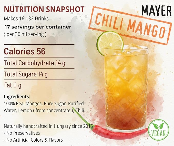 Mayer Premium Chili Mango Syrup – Award-Winning Organic Fruit Syrup Crafted with 100% Real Fruits All Natural Vegan Gluten-Free – Ideal for Cocktails Coffee Desserts Cocktails (16.9 oz)