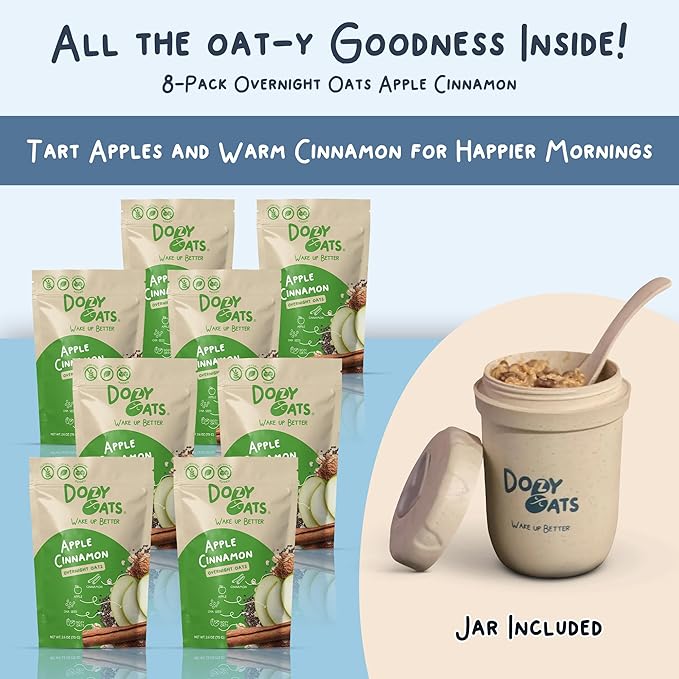 Dozy Oats Overnight Oatmeal Packets Apple Cinnamon Multipack with Rolled Oats Chia Seeds Date Powder and Dried Fruit. Gluten-Free Natural Source of Protein and Fiber 8-Pack and Jar
