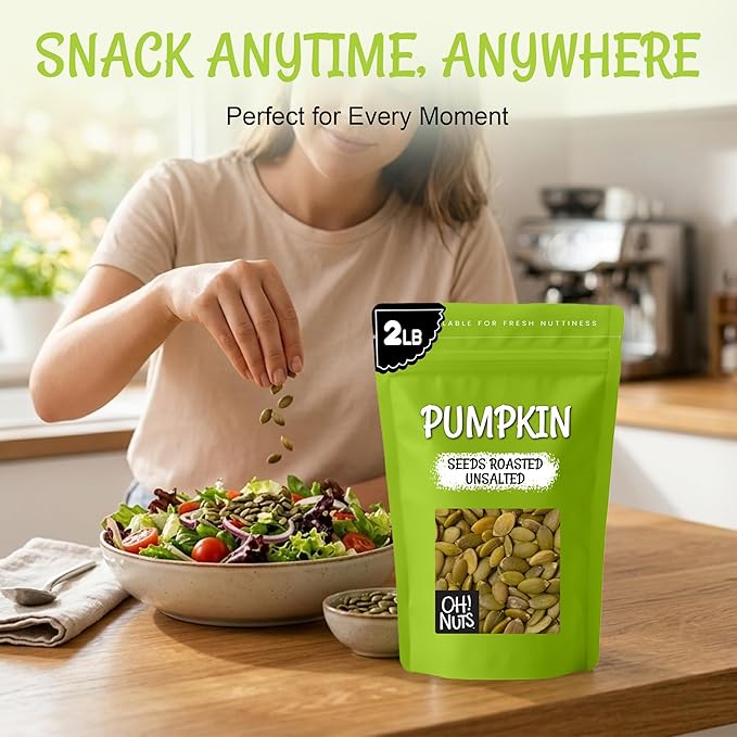 Oh! Nuts Pumpkin Seeds - Roasted Unsalted - 2 lb - No Shell Pepitas - Packed in New York Zip-Seal Bag for Exceptional Freshness
