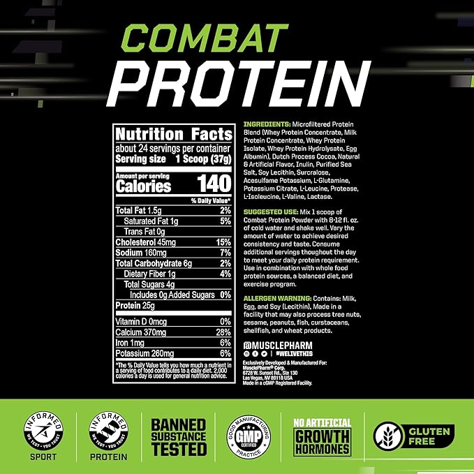 Muscle Pharm Combat Protein Powder Chocolate Milk Flavor Fuels Muscles for Productive Workouts 5 Protein Sources Including Whey Protein Isolate &amp Egg Albumin Gluten Free 2 lb 24 Servings