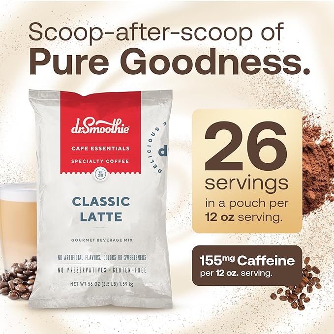 Dr. Smoothie Café Essentials Classic Latte – No Artificial Colors Flavors Sweeteners – Shelf Stable – 155mg of Caffeine per Serving – Great for Hot Iced &amp Frozen Frappes (3.5 lb Bag 26 Servin