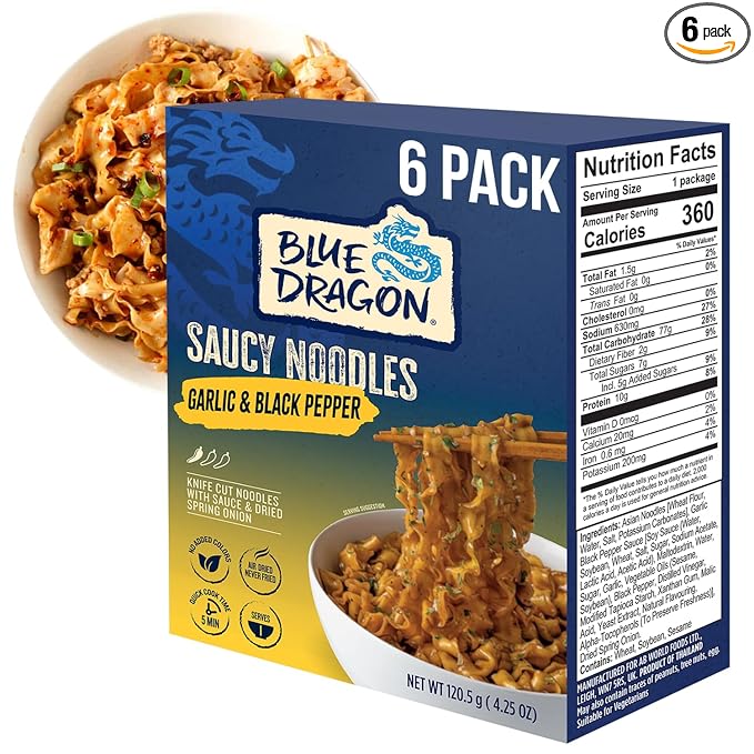 Blue Dragon Garlic &amp Black Pepper Saucy Noodles - 4.25oz (Pack of 6) - Knife Cut Air Dried Noodles w/Garlic &amp Black Pepper Sauce &amp Spring Onion Garnish - Quick &amp Easy Meal with Bold As