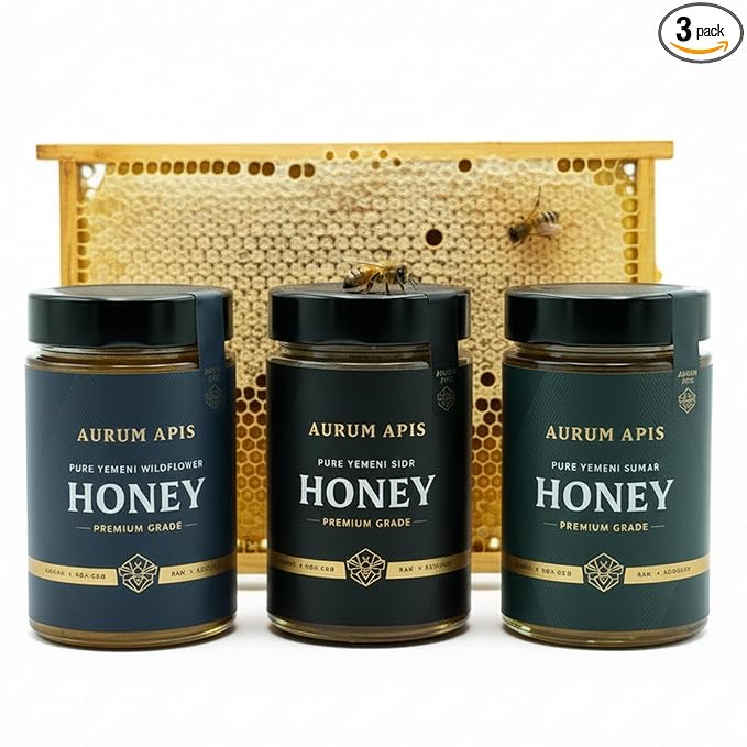 Aurum Apis Raw Yemeni Honey Gift Box – Authentic Sidr Sumar &amp Wildflower Honey | 100% Raw Unfiltered Hand-Harvested Non-GMO Smooth Texture &amp Rich Aroma (Pack of 3) – Each 500g Honey Jar